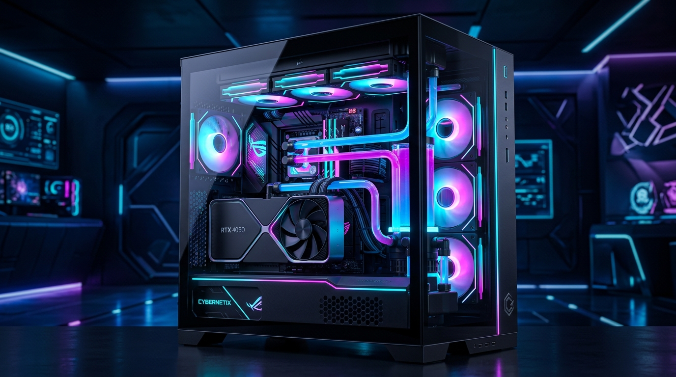 High-end custom gaming PC with RGB liquid cooling and tempered glass