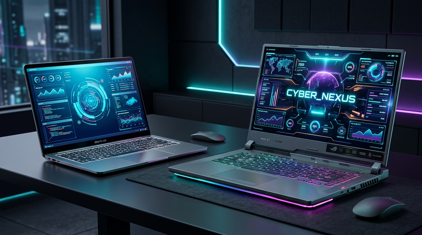 Modern ultrabook and gaming laptops with RGB keyboard and high resolution screens