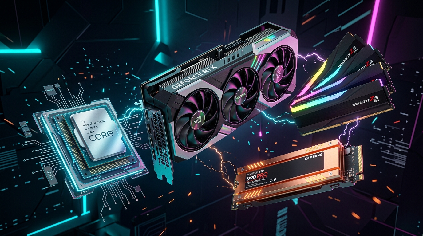High performance 3D graphics card, RAM, SSD and CPU hardware components